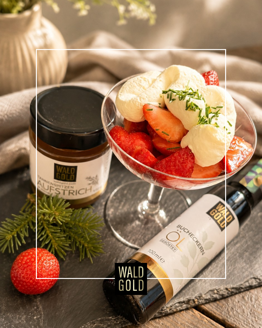 Erdbeeren mit Bucheckernöl & Mascarpone-Tannenspitzen Creme